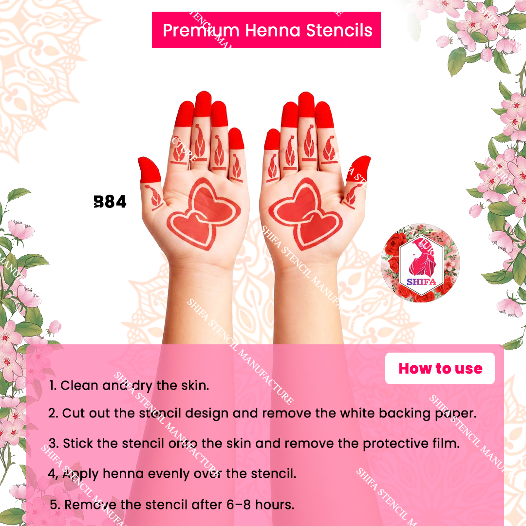 B84 (age 5 to 10) Twin Flame Hearts Design double hand Henna Stencil